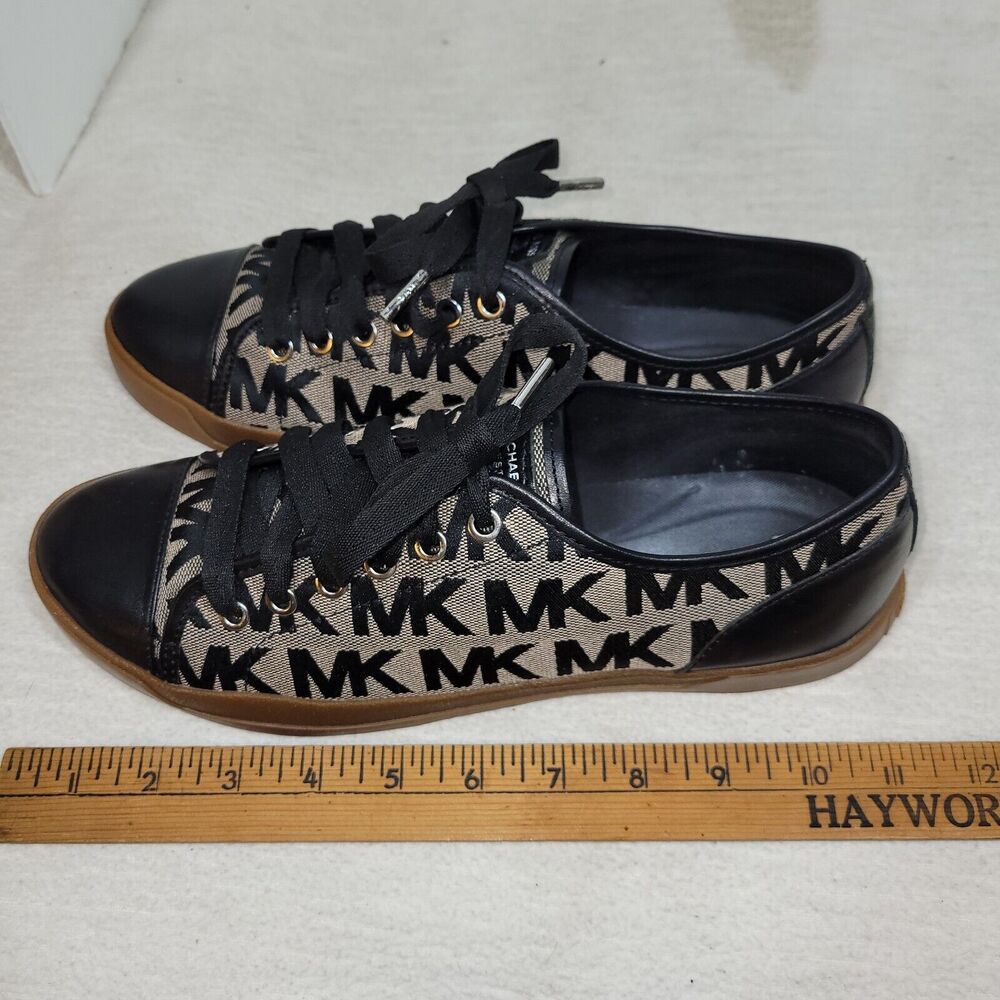 Michael Kors Shoes Size 10 Womens Black Tan MK Signature Logo Lace Up Sneakers - Picture 15 of 16